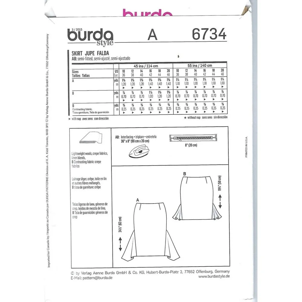 Burda Sewing Pattern 6734 Skirt Jupe Misses Size 10-20